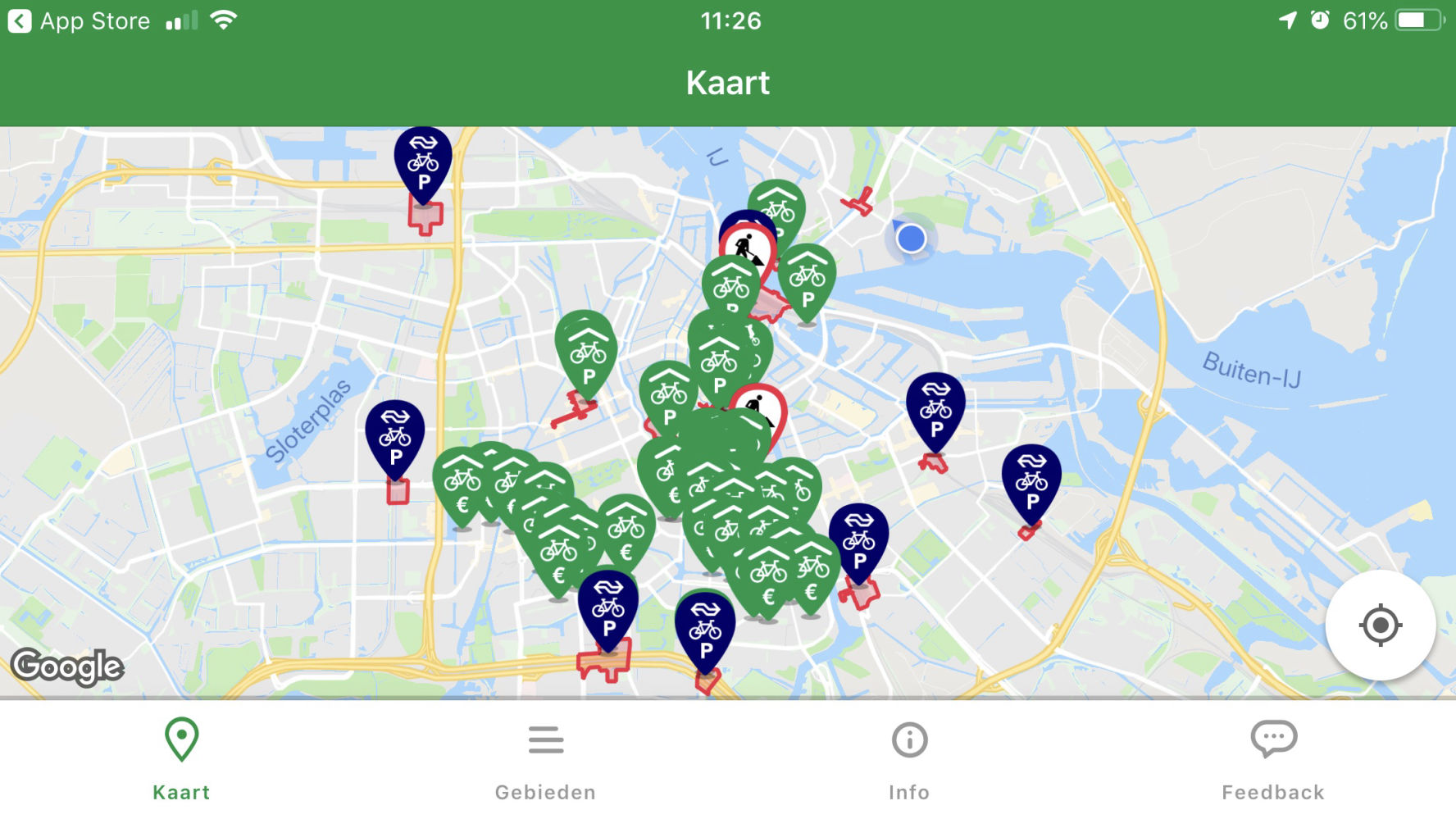 De Fiets Amsterdam app toont fietsparkeerplekken op een kaart van Amsterdam